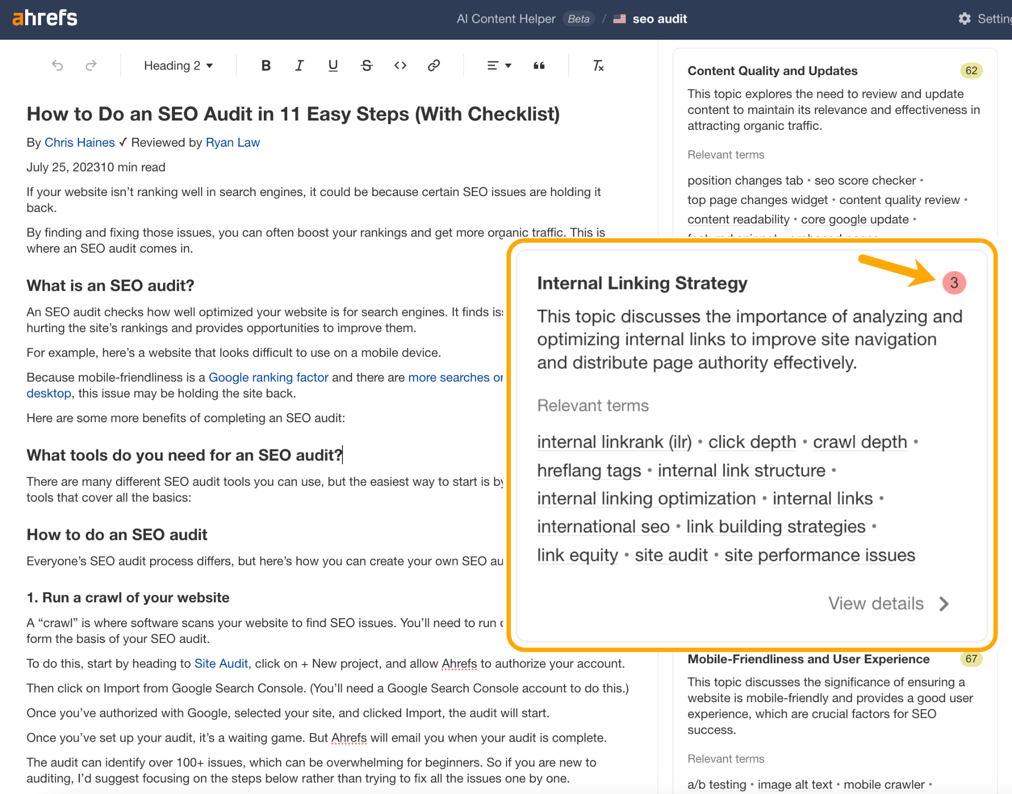 Ahrefs AI Content Helper highlighting a topic box recommendation on internal linking, showing a red score of 3