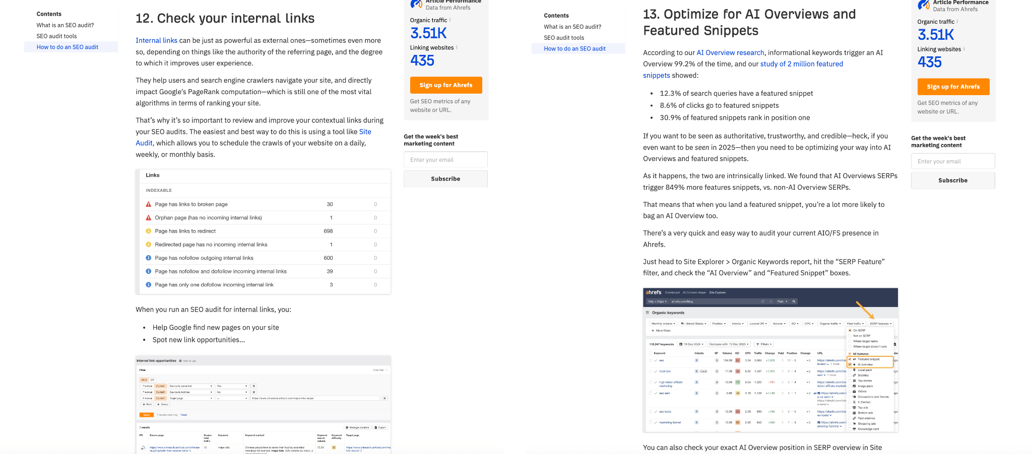 A side-by-side view of the two new sections added in to Ahrefs SEO content audit blog