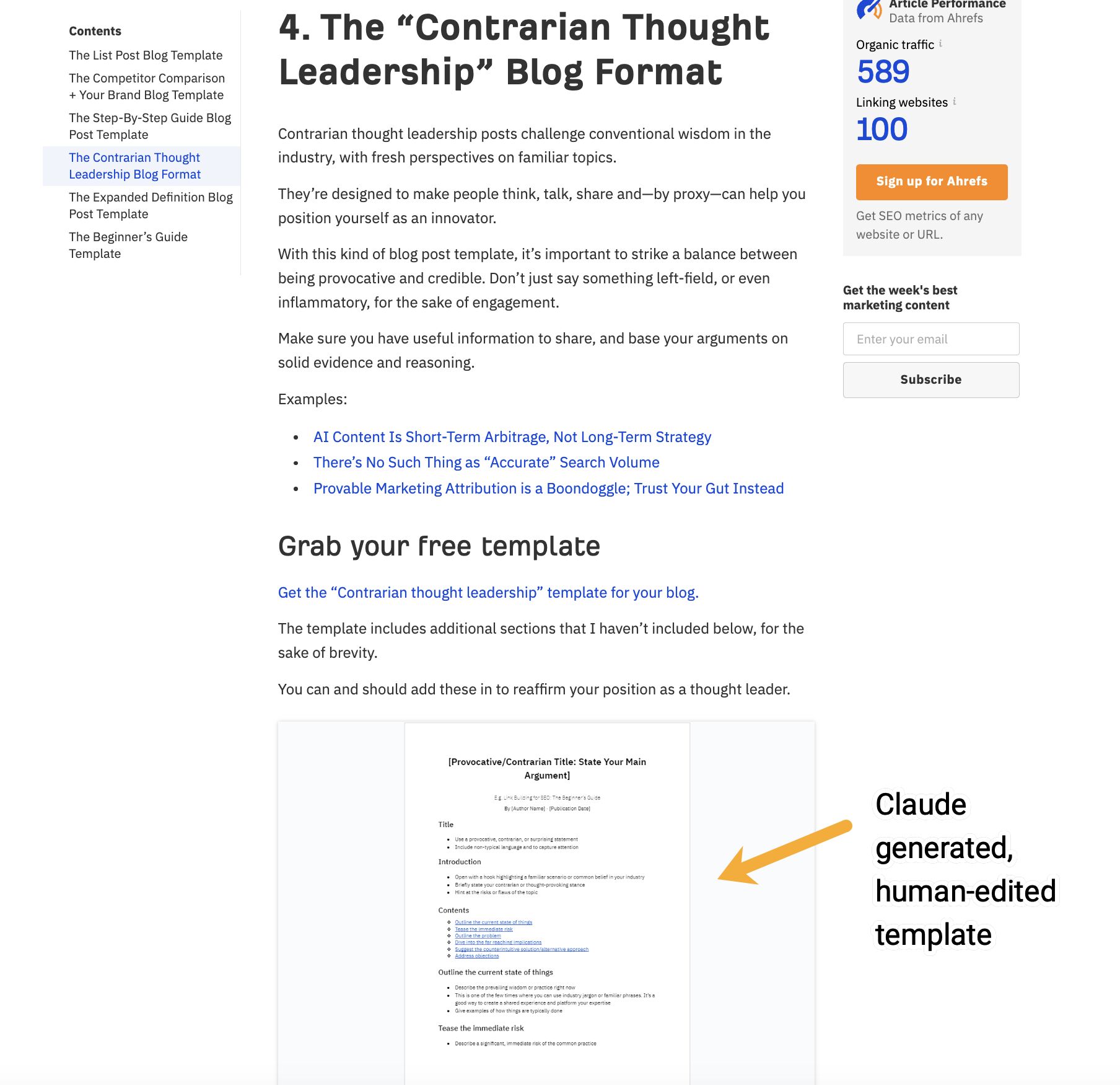 A screenshot of a blog post on blog post templates showing claude generated, human-edited templates