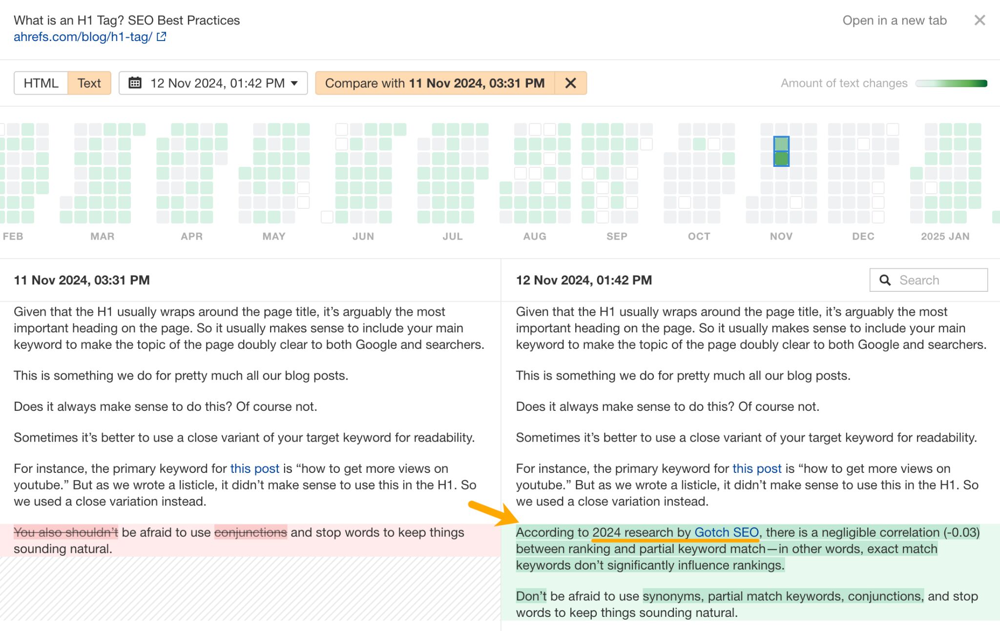 Ahrefs Page Inspect tool in content changes highlighting the addition of a piece of new research