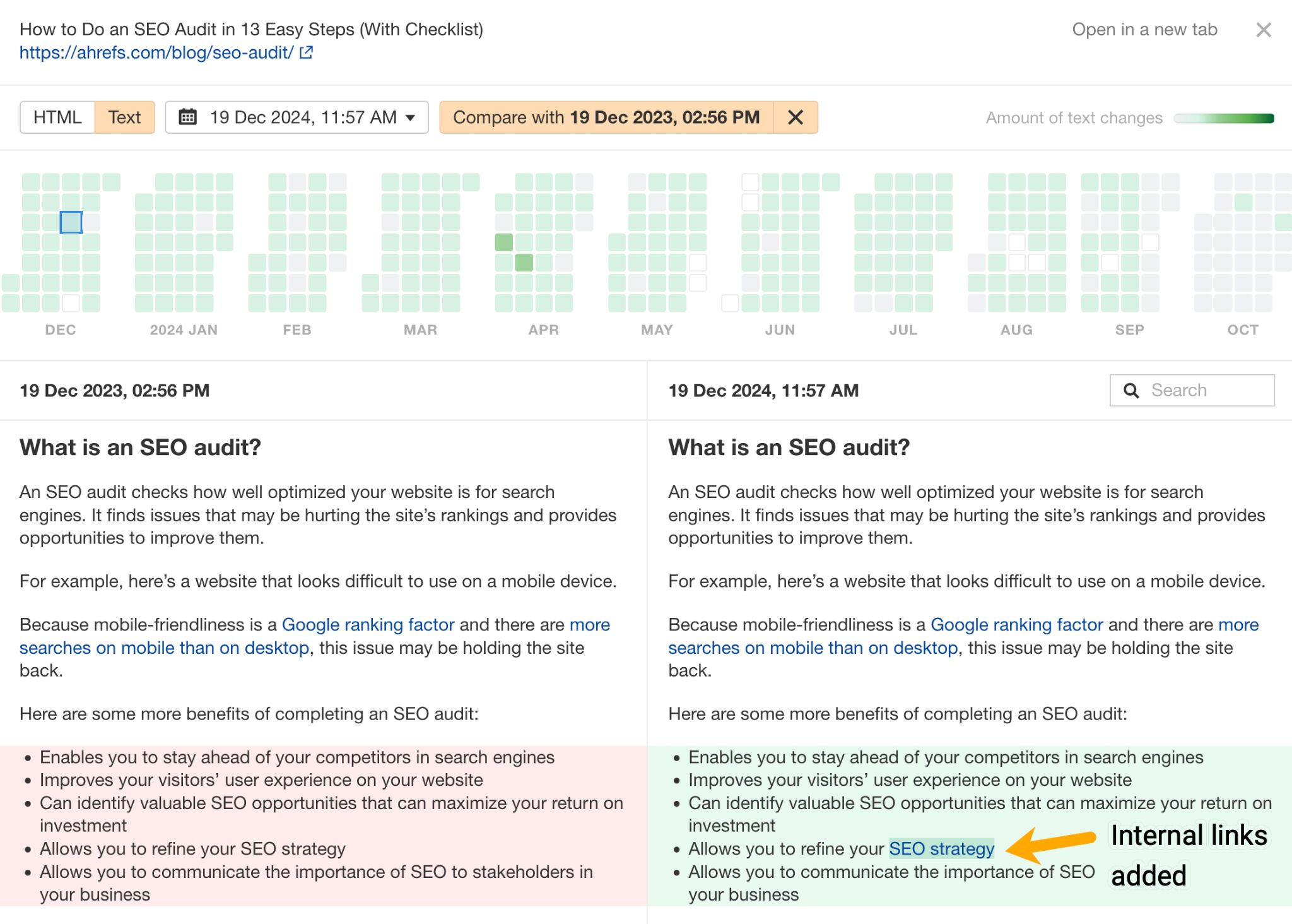 A screenshot of Ahrefs' Page Inspect tool, analyzing an Ahrefs blog on SEO Audits in Dec 2023 vs Dec 2024. On the left text is highlighted in red, and on the right a new version is highlighted in green. An arrow points to a hyperlink reading "Internal links added"