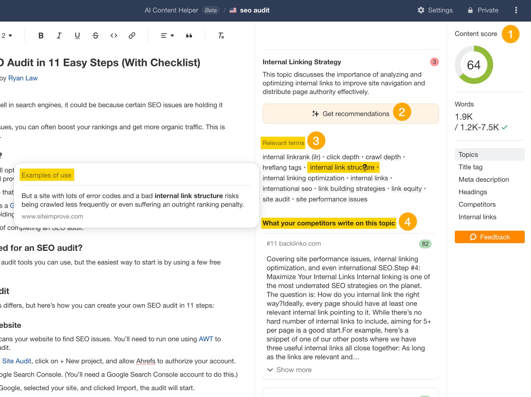 A screenshot of Ahrefs AI Content Helper highlighting content scores, recommendations, relevant terms, and competitor content