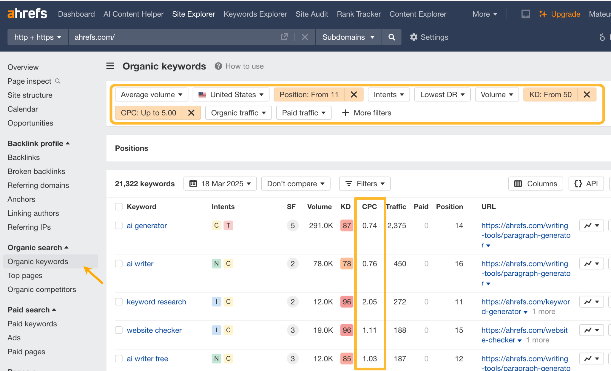 Ahrefs Organic Keywords Report 