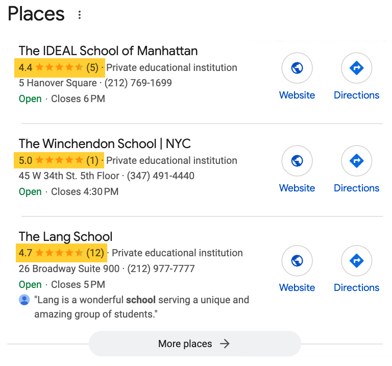 Local map results for private schools in New York with very few online reviews.