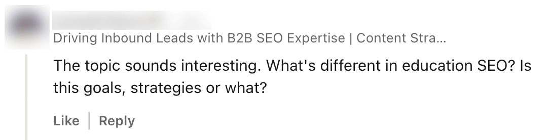 Question on social media about what makes education SEO different.