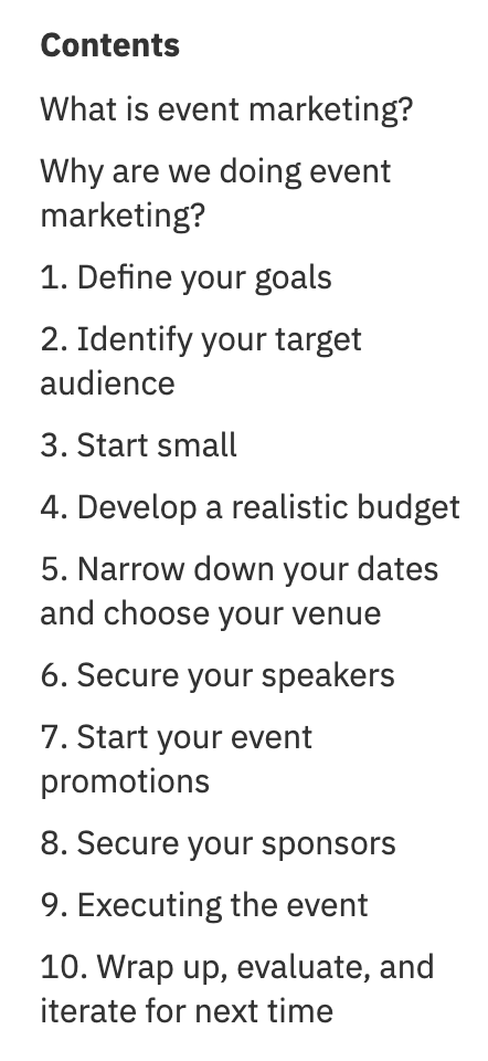 Table of contents for my event marketing guide