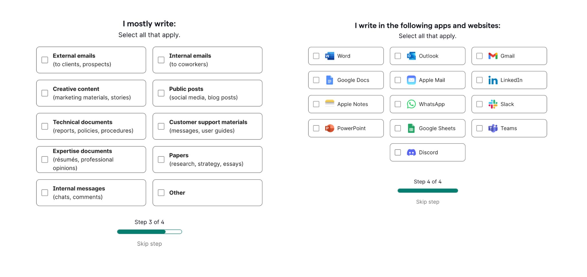 Grammarly onboarding view of apps a user most commonly uses and content types a user most commonly creates