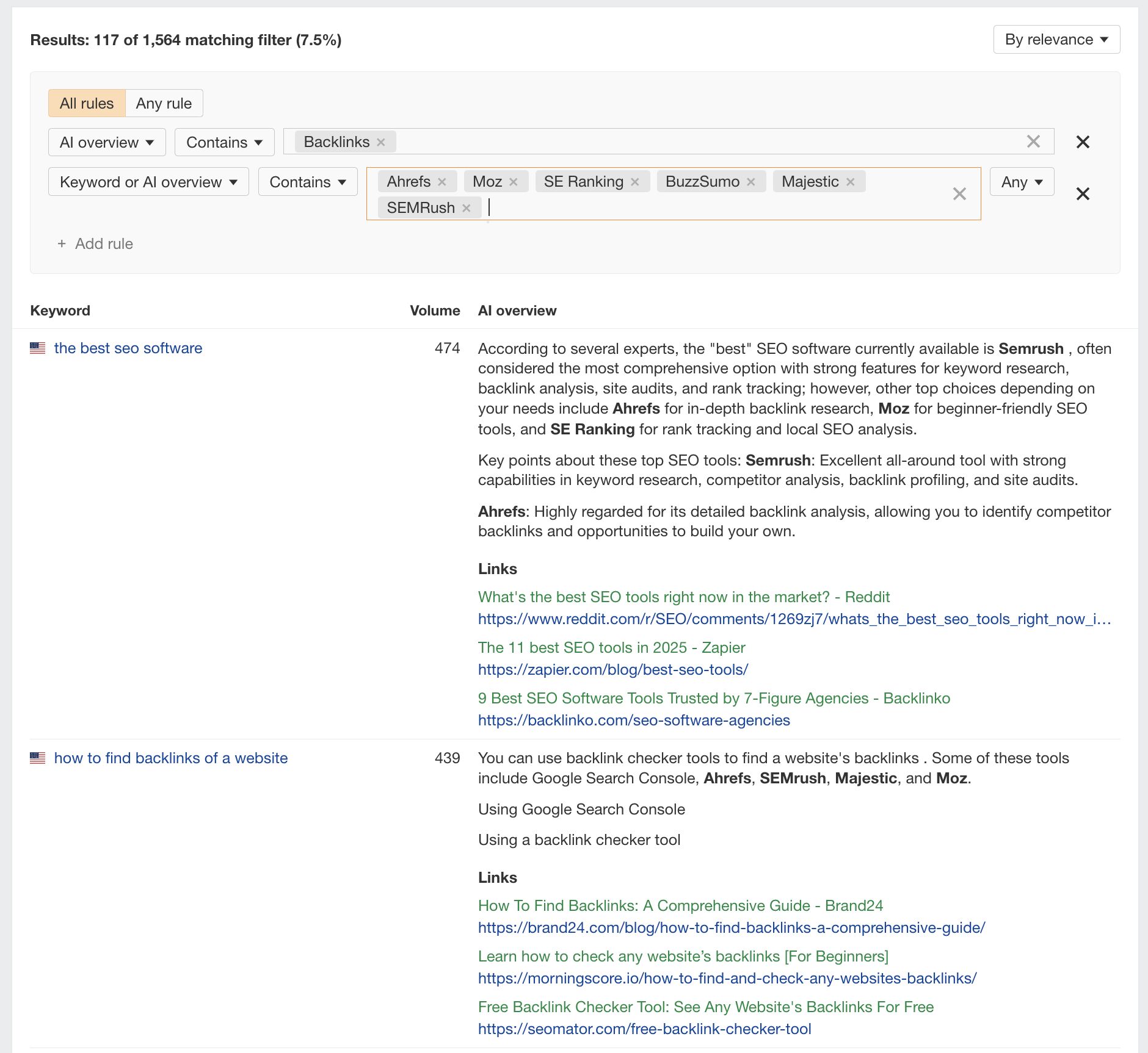 A screenshot of Ahrefs Brand Radar tool showing in-situ mentions in ai overviews for ahrefs, semrush, mox, se ranking, buzzsumo, and majestic, for the keyword 'the best seo software' and 'how to find backlinks of a website'. 