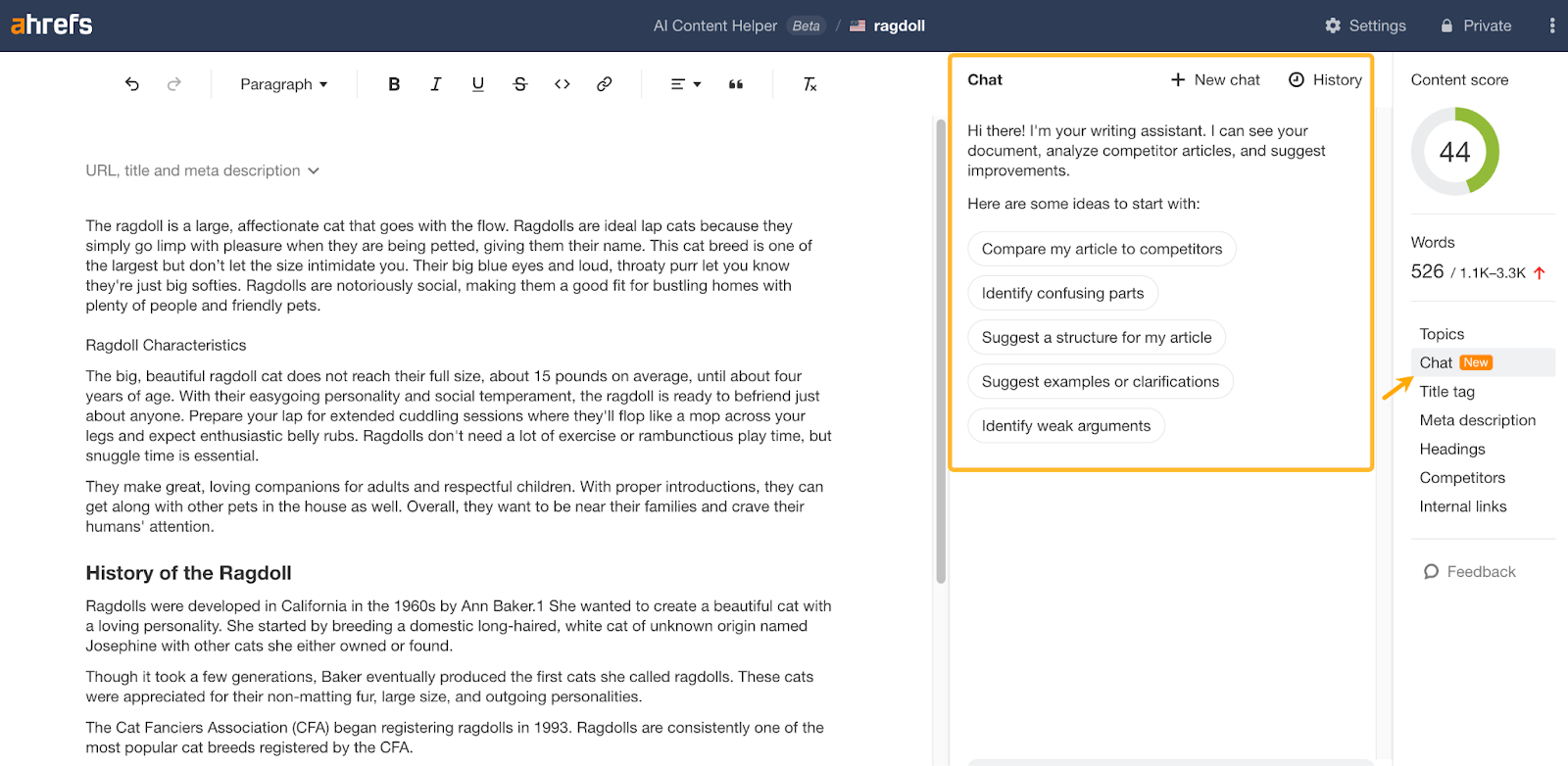 Ahrefs AI Content Helper Chatbot tool