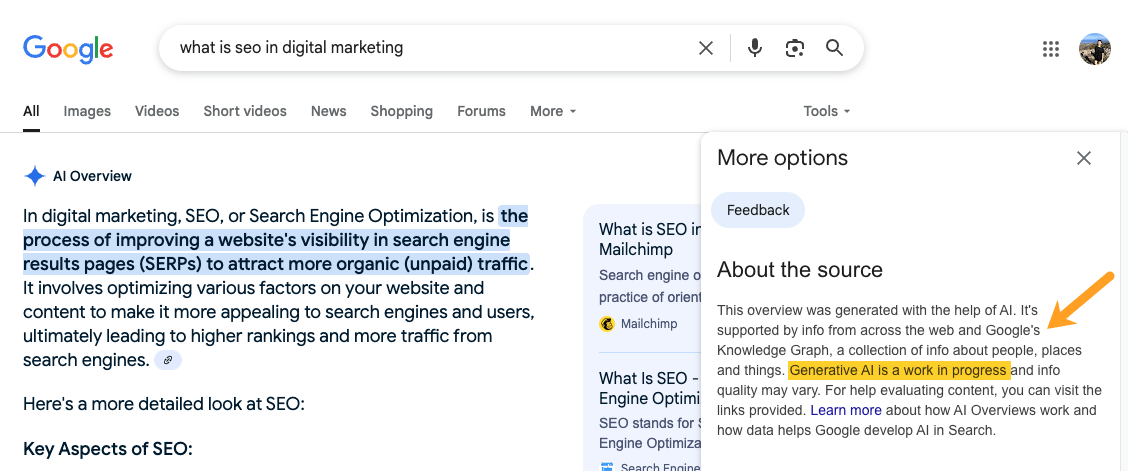 Screenshot of Google search results, showing information about the source of an AI overview. Arrow points to highlighted text reading "Generative AI is a work in progress"