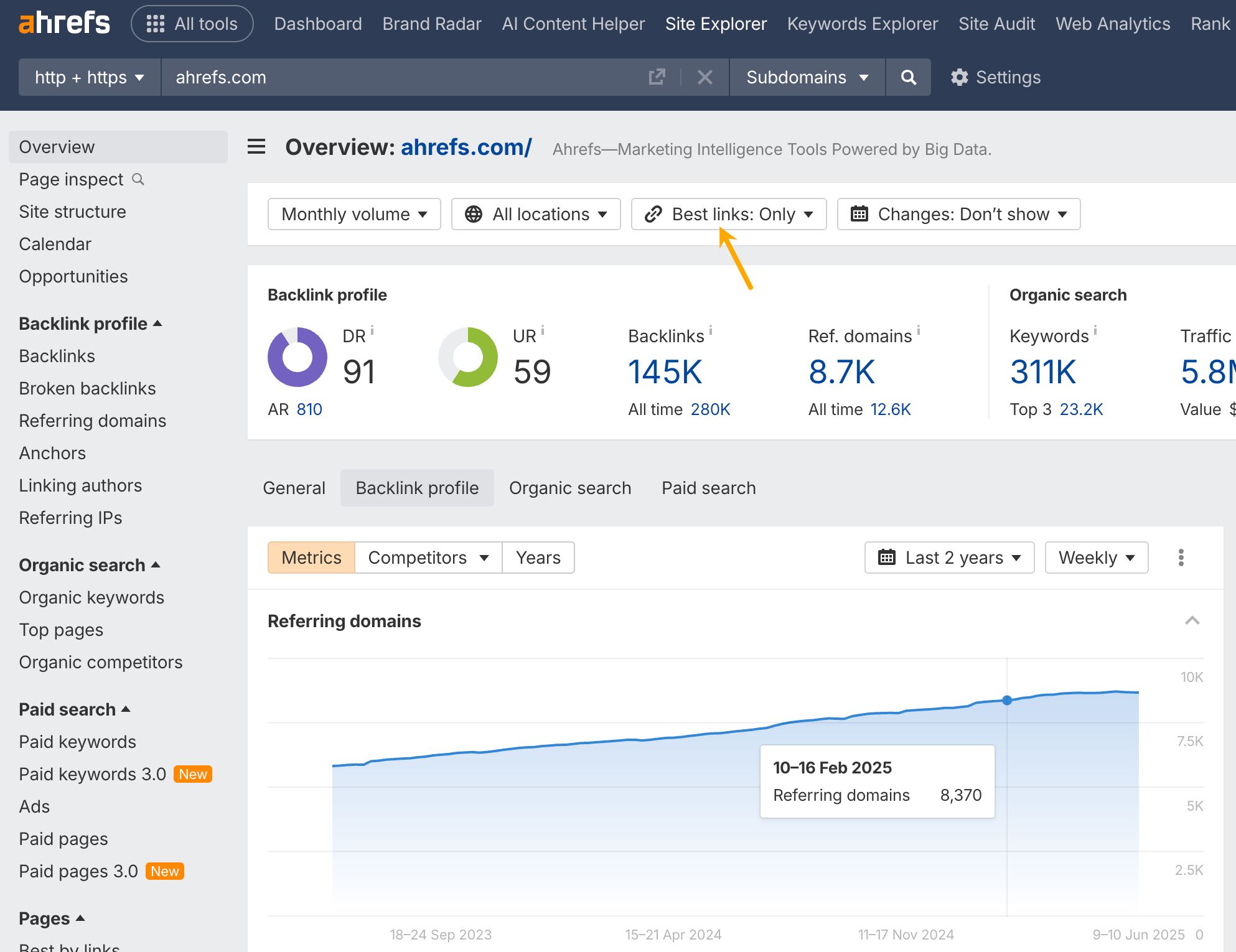 Best link filter in Site Explorer.