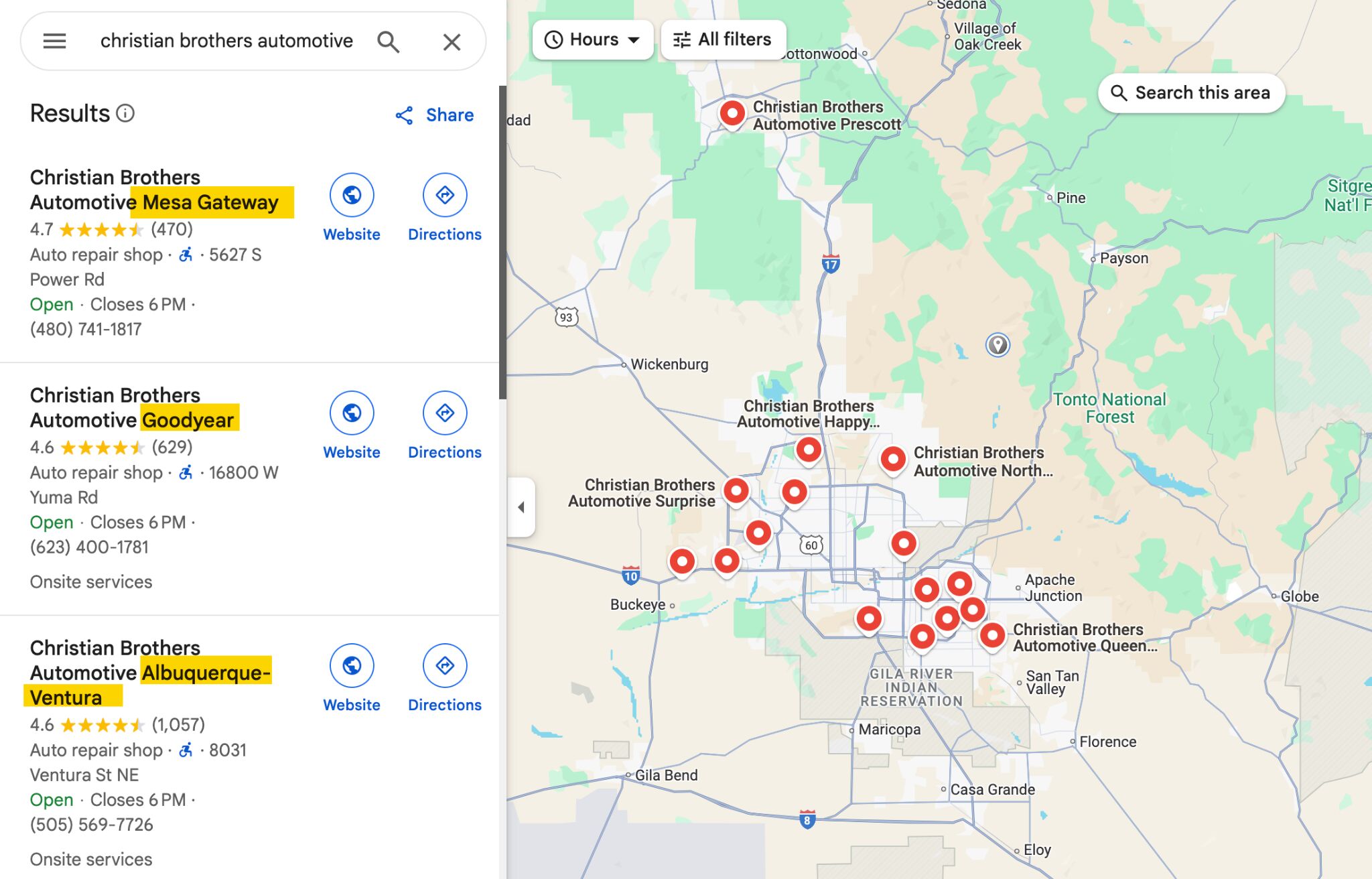 Google Maps showing different car repair shops from the same brand.