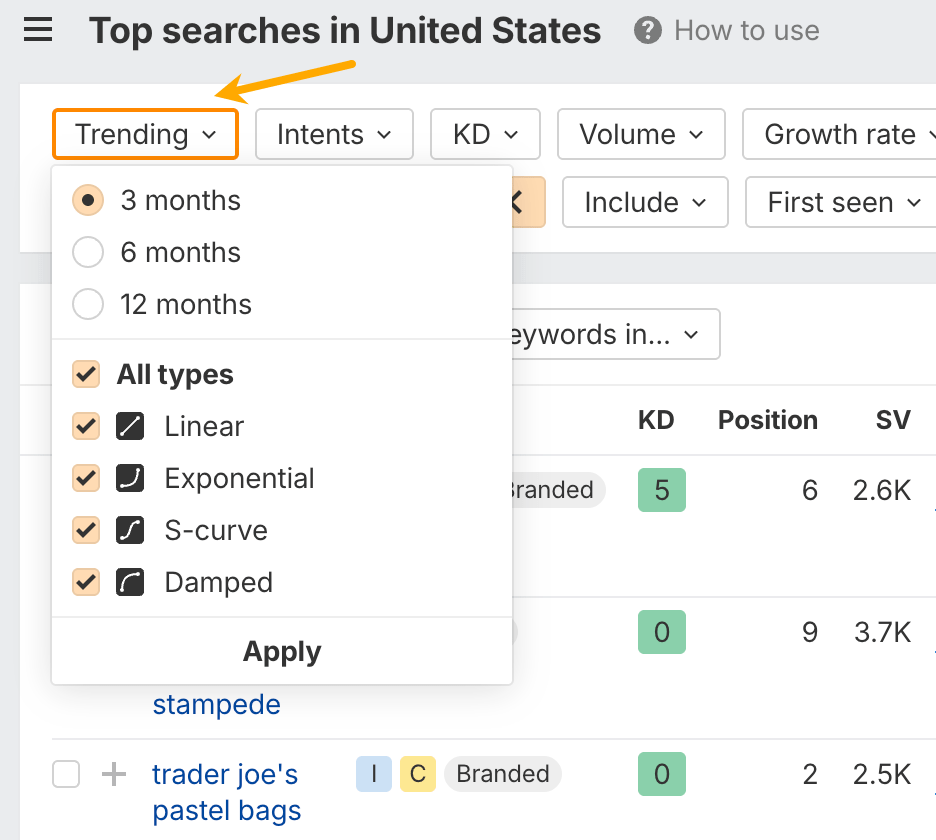 New trending filter in Ahrefs.