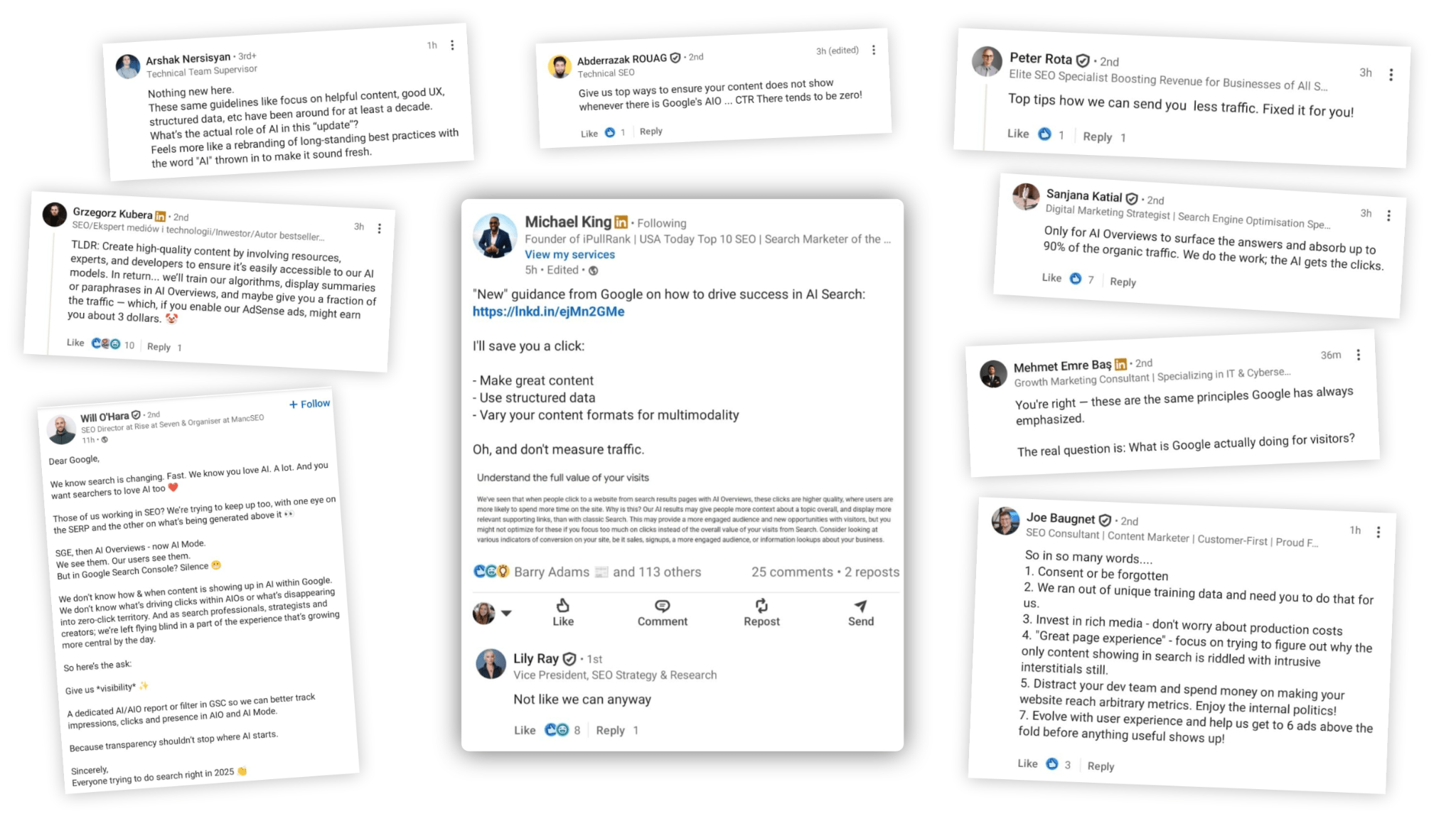 Collection of LinkedIn posts discussing AI and SEO topics. Multiple posts from various SEO professionals discussing AI overviews, search engine optimization strategies, and the impact of AI on organic traffic and content creation.