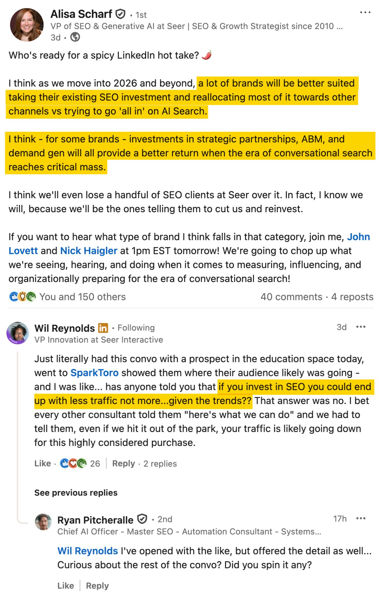A post from Alisa Scharf, VP of SEO & Generative AI at Seer Interactive