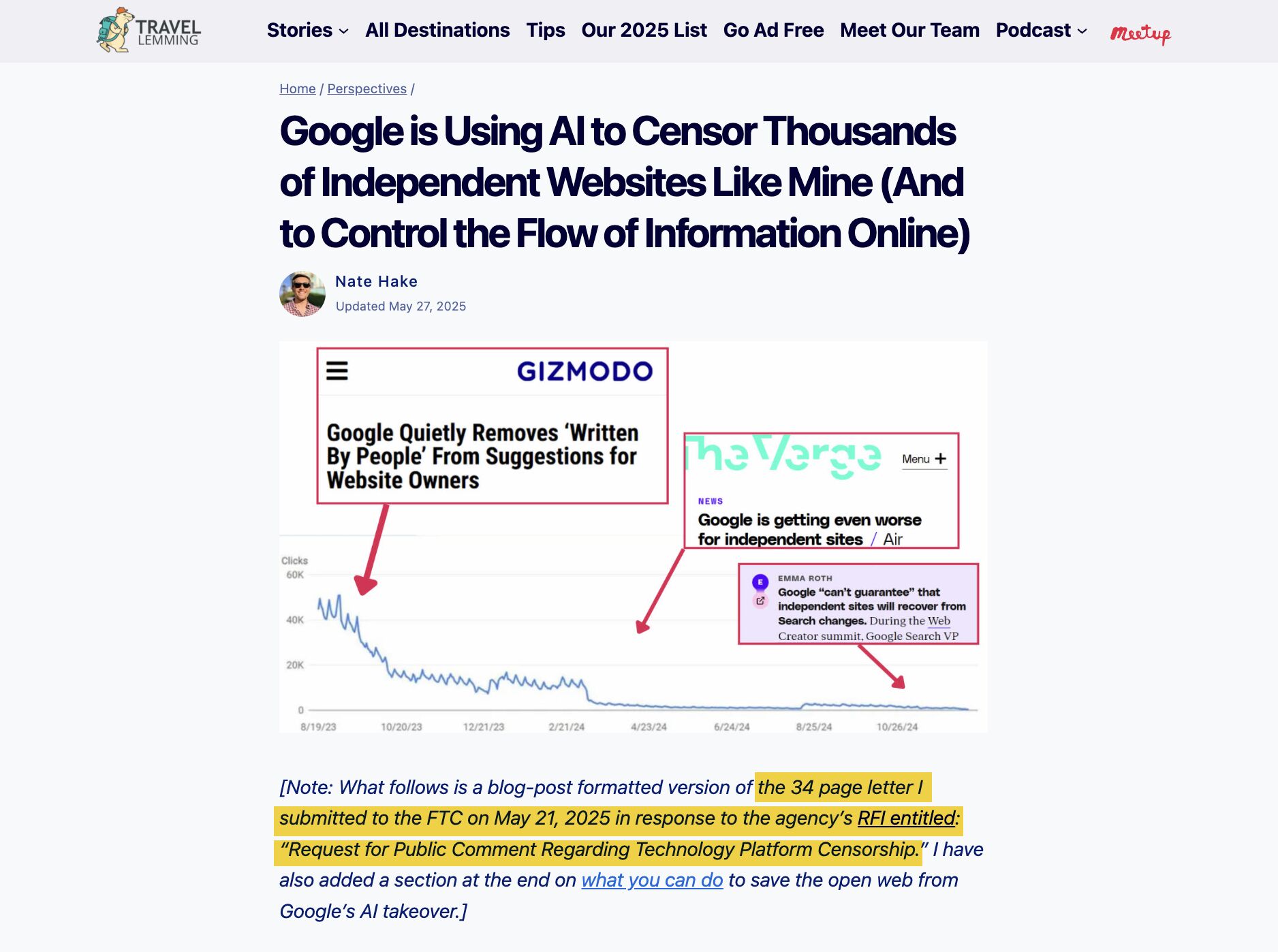Screenshot of a blog post from Travel Lemming website titled "Google is Using AI to Censor Thousands of Independent Websites Like Mine (And to Control the Flow of Information Online)" by Nate Hake, updated May 27, 2025. 