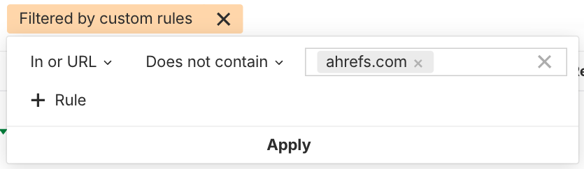 Example of a filter in Ahrefs' Brand Radar to remove the brand's URL from results when looking at branded mentions across the web.