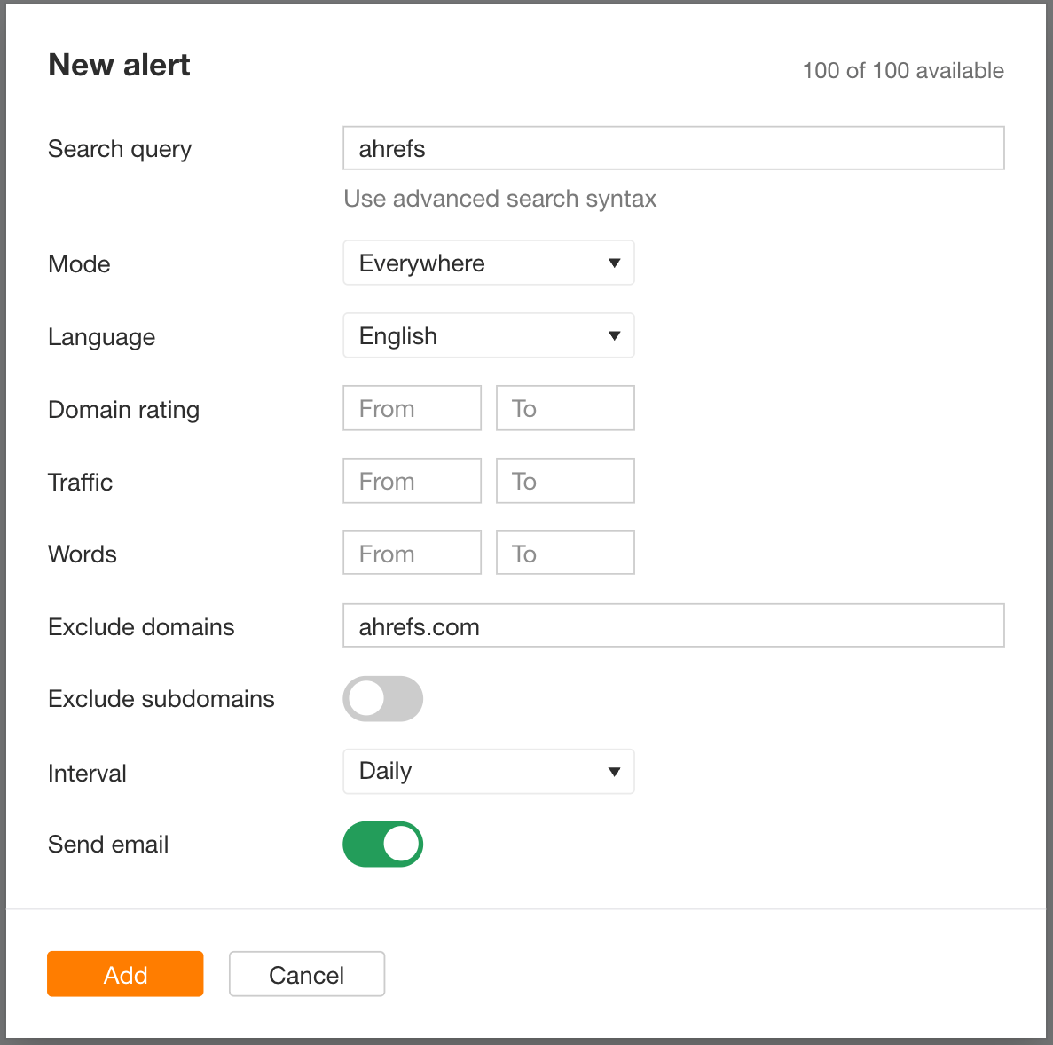 Ahrefs Alert settings to track your brand mentions.