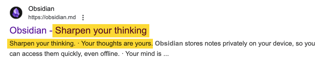 Example of Obsidian's tagline "sharpen your thinking" appearing in search results.