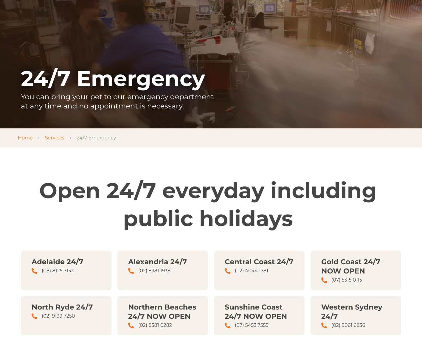 Example of a 24/7 emergency page for a local vet.