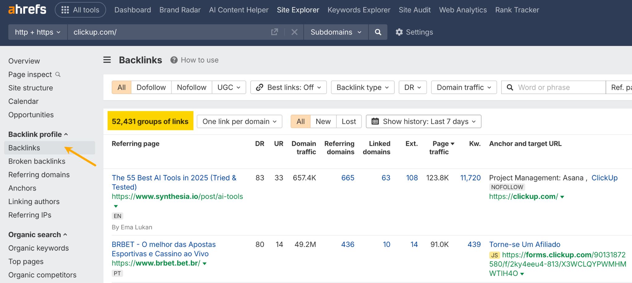 Backlinks report in Site Explorer.