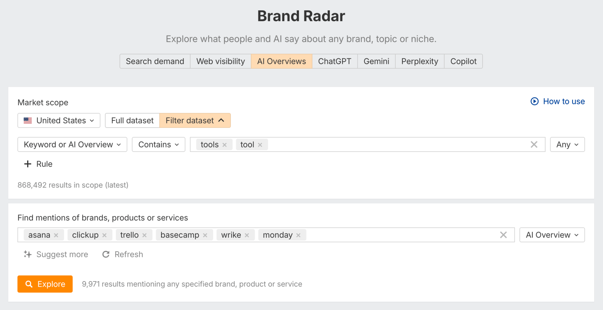 Brand Radar: checking project management brands visibility in AI Overviews.