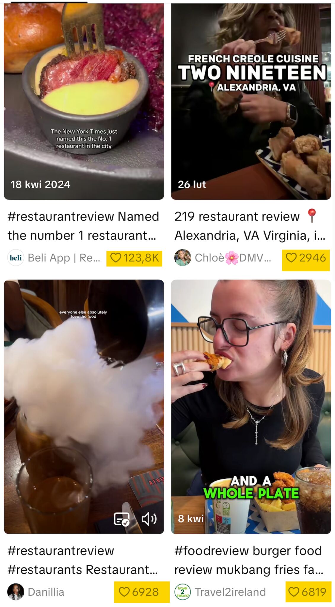 A collage of four different TikTok videos showing restaurant reviews. The videos feature close-ups of food and dining experiences, representing the type of authentic content found on the platform.