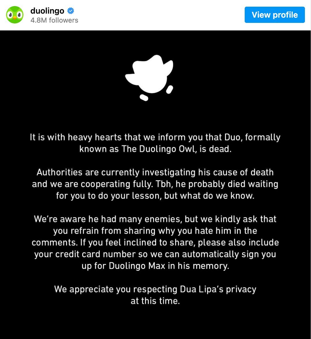 Duolingo's social media post about its mascot's "death," and the bottom graph shows a corresponding massive spike in Google searches for "duolingo."