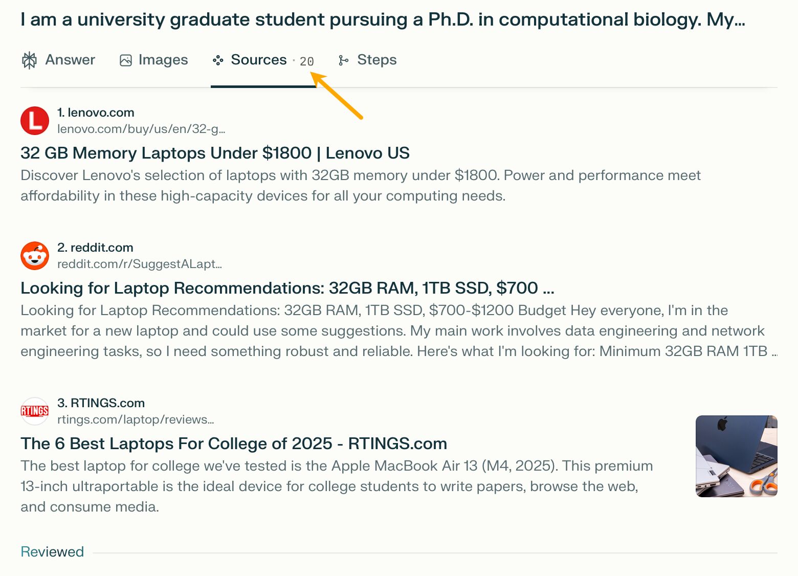 Screenshot of a Perplexity AI search result for "best laptop for a Ph.D. student." An arrow points to the "20 sources" tab, demonstrating how AI assistants synthesize information from multiple places to provide a recommendation.