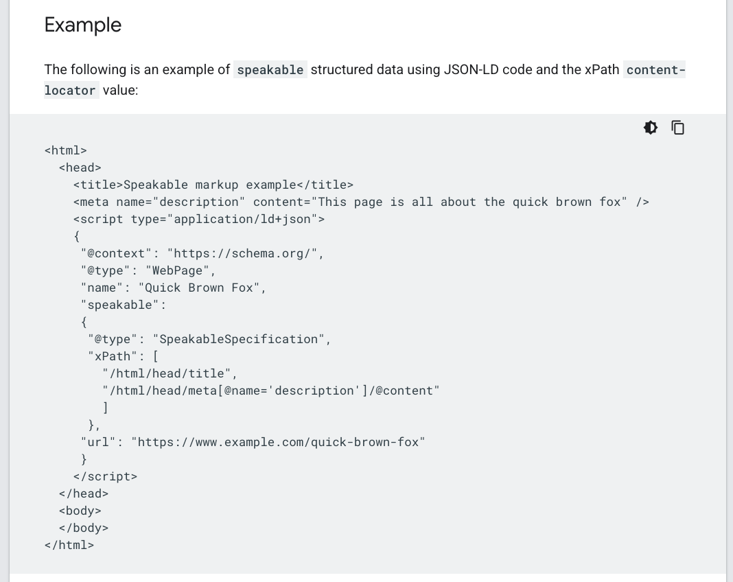 Screenshot of an example from Google of speakable structured data.