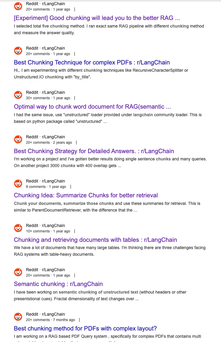 Screenshot of multiple Reddit threads indicating different chunking experiments run by AI engineers.
