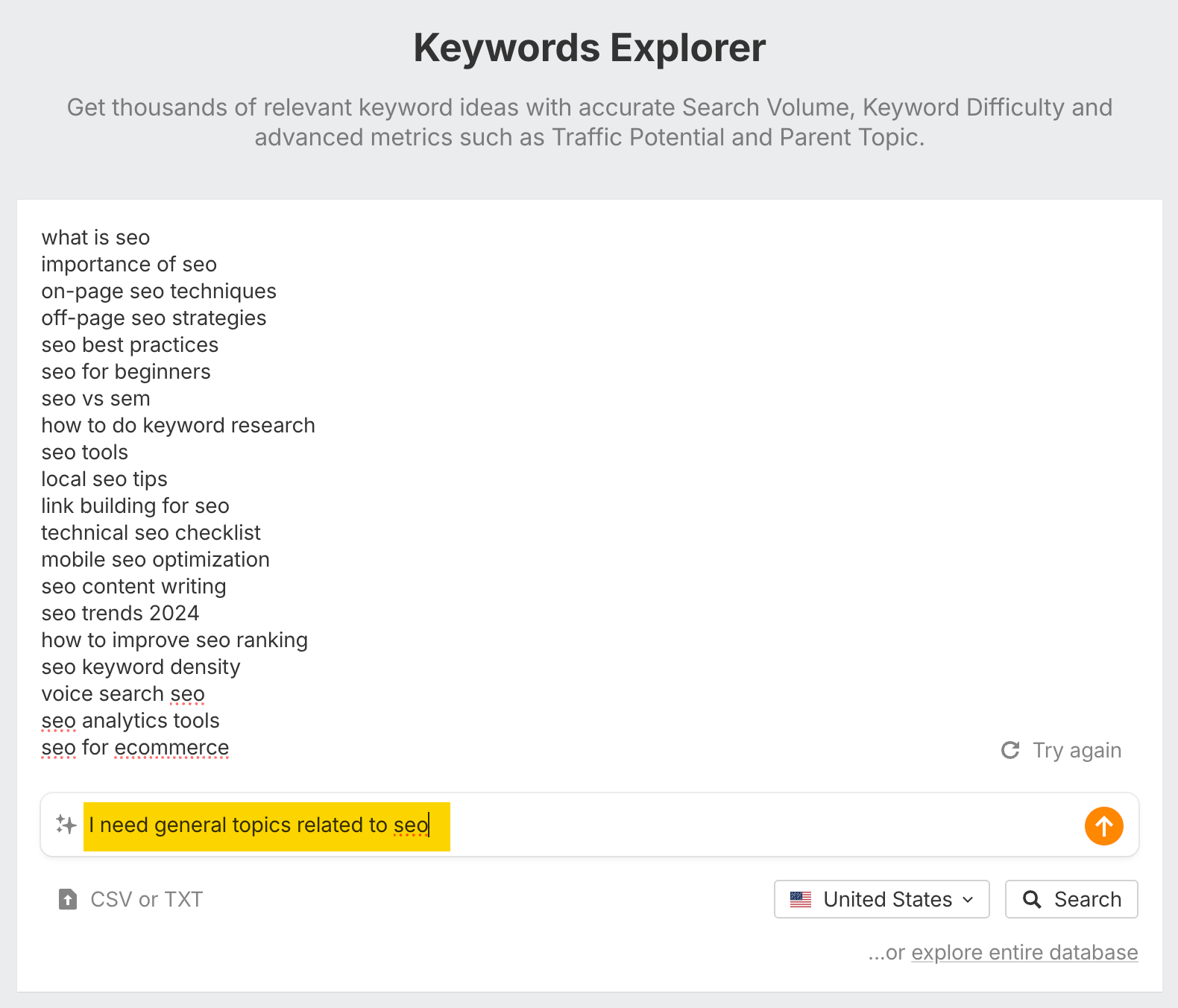 Screenshot of the Ahrefs Keywords Explorer tool. A user is typing "I need general topics related to seo" into the search bar, demonstrating how to use the AI feature to brainstorm content ideas. 