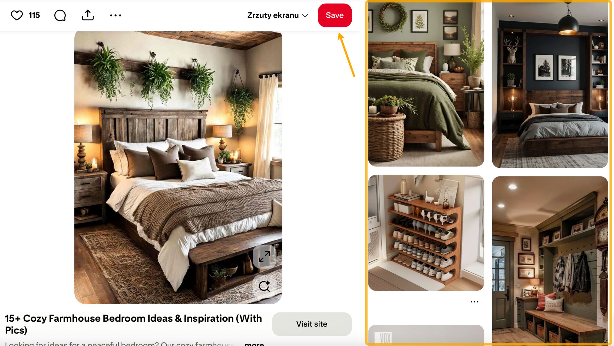 Screenshot of the Pinterest user interface showing a large image of a farmhouse-style bedroom. An arrow points to the 'Save' button, and a sidebar displays visually similar, related pins for more home decor inspiration.