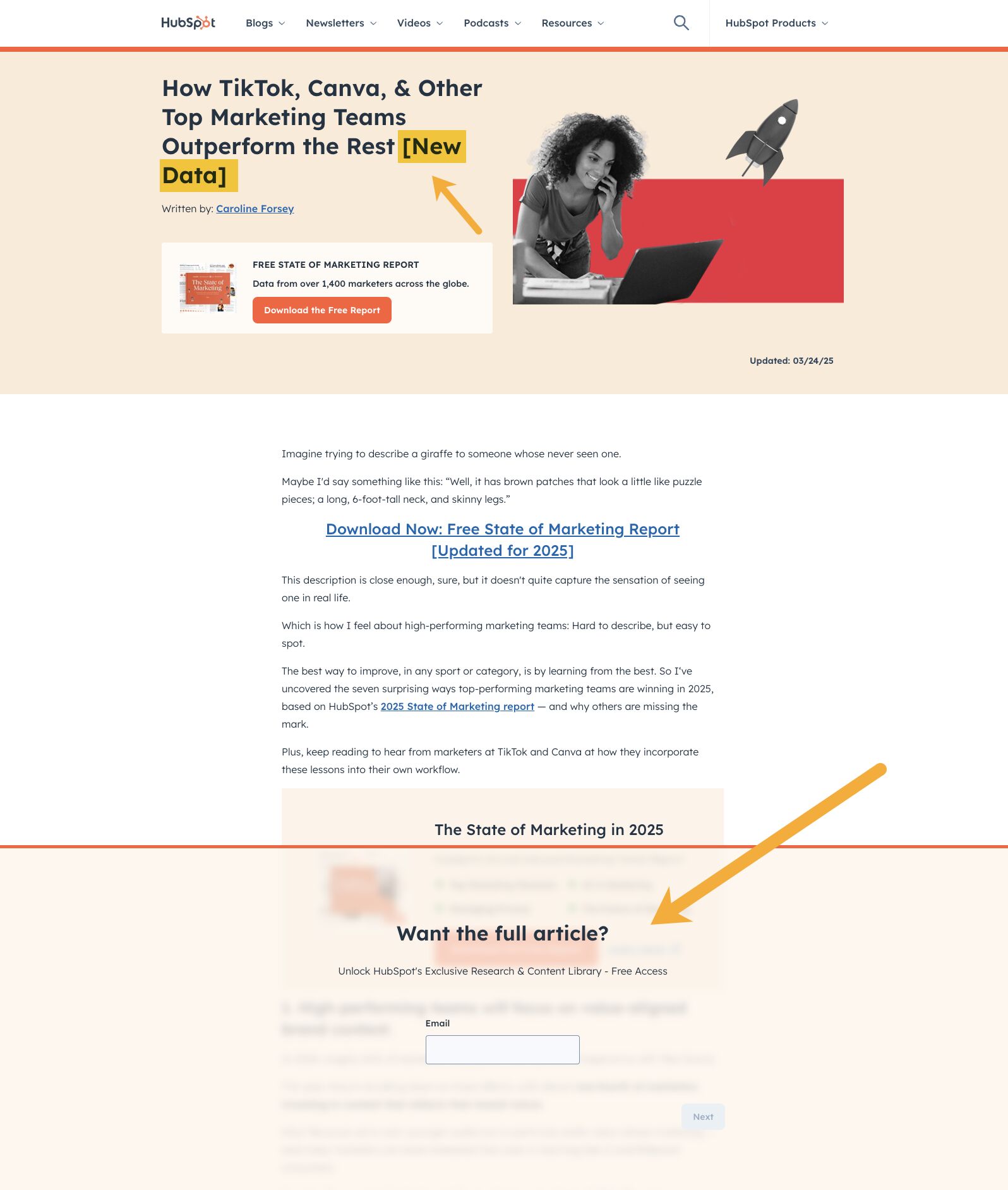 HubSpot blog page titled "How TikTok, Canva, & Other Top Marketing Teams Outperform the Rest [New Data]" with highlighted text and an arrow pointing to it. The page shows a woman working on a laptop with a rocket graphic. At the bottom is a lead capture form asking "Want the full article?" with text about unlocking HubSpot's exclusive research and content library.