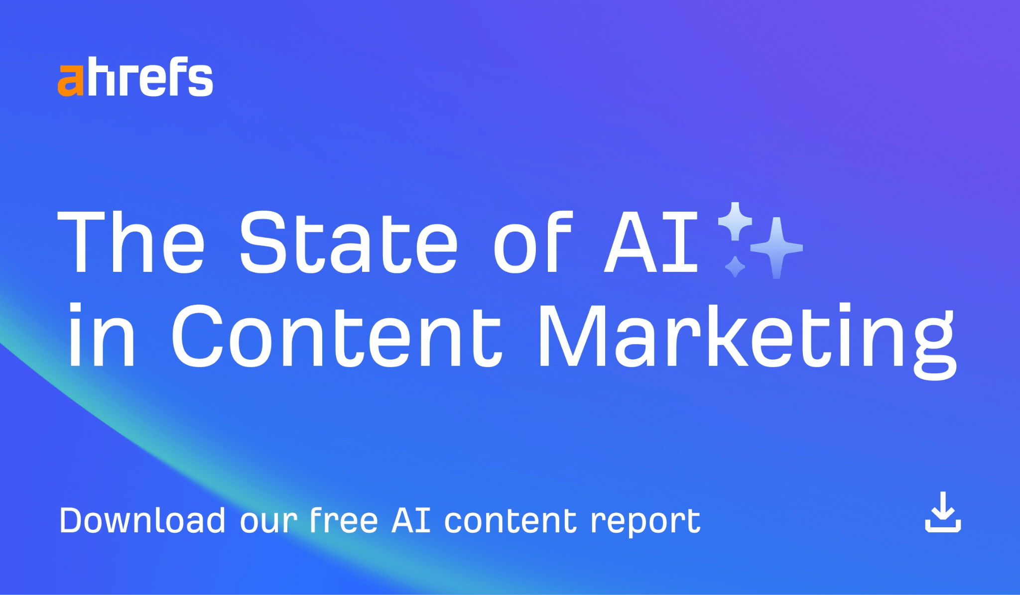 A promotional banner with a blue and purple gradient background for an Ahrefs report titled, "The State of AI in Content Marketing."