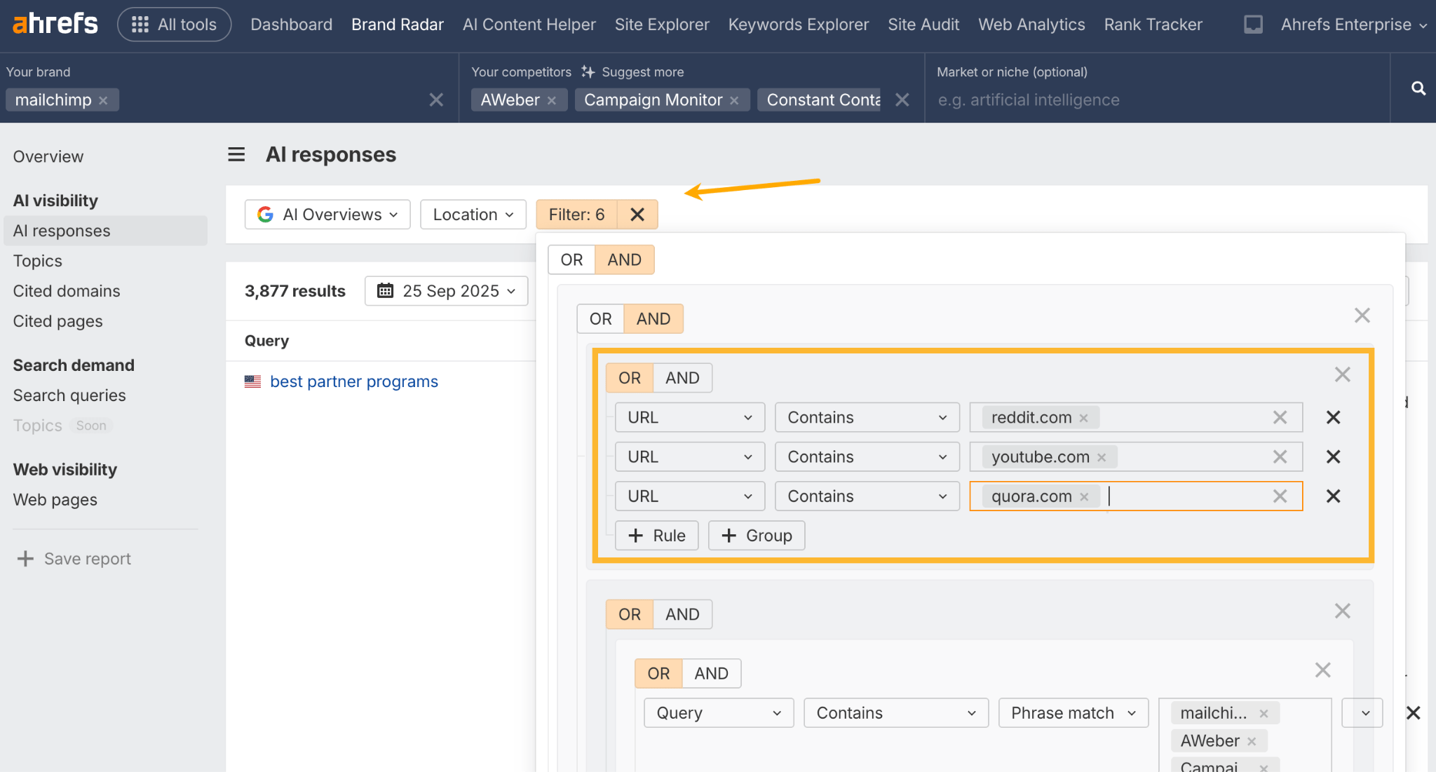A screenshot showing how to configure advanced filters in Ahrefs Brand Radar to find mentions of competitors specifically on YouTube, Reddit, and Quora.