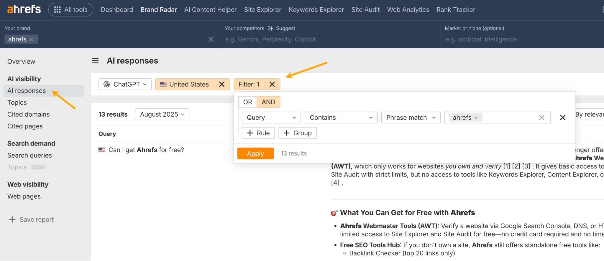A screenshot showing how to use the filter feature in Ahrefs Brand Radar to find AI responses from ChatGPT that specifically contain the brand name "ahrefs."