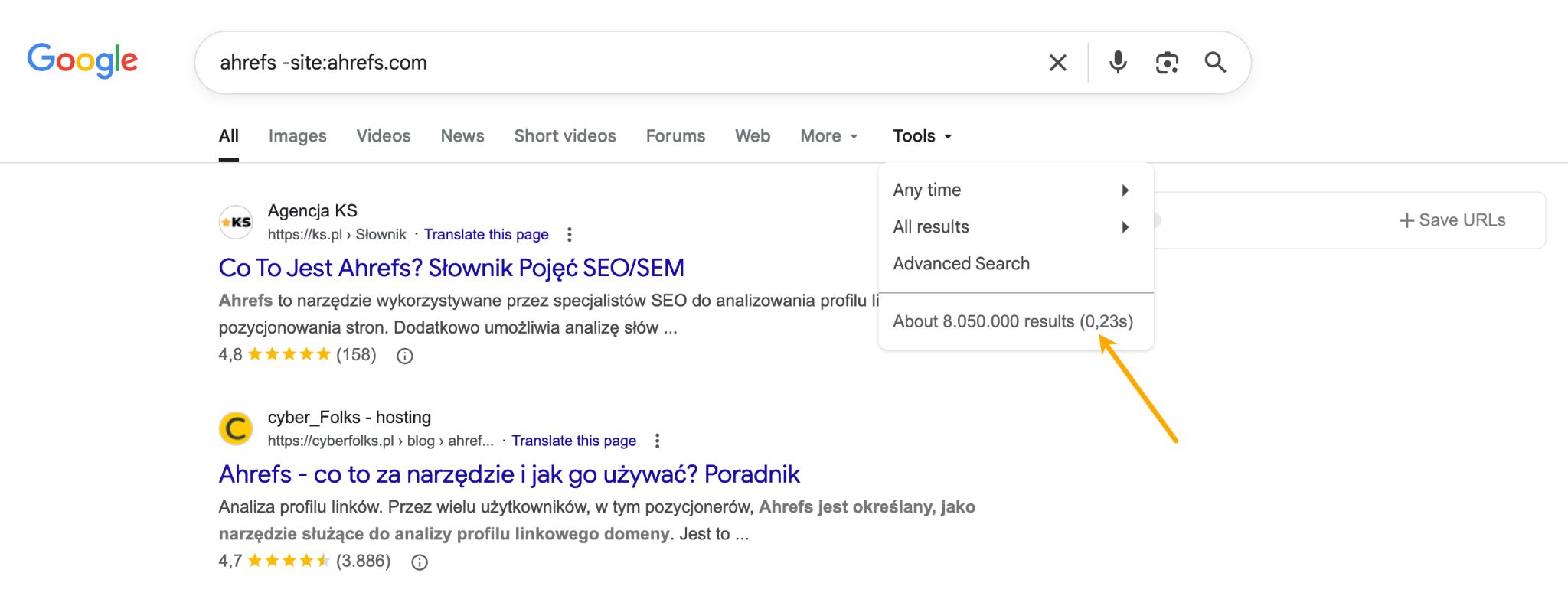 A Google search showing how to find unlinked brand mentions by searching for a brand name and excluding the brand's own domain, with an arrow pointing to the total number of results.
