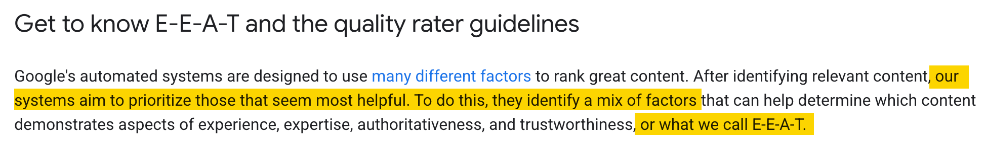 A screenshot from a Google Search Central document highlighting text that explains how its ranking systems use factors related to E-E-A-T to prioritize helpful content.