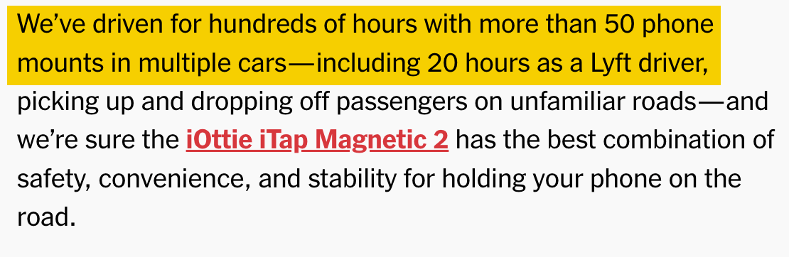 A screenshot from a Wirecutter review where the text highlights their extensive, real-world testing of phone mounts, including driving as a Lyft driver, to demonstrate experience.