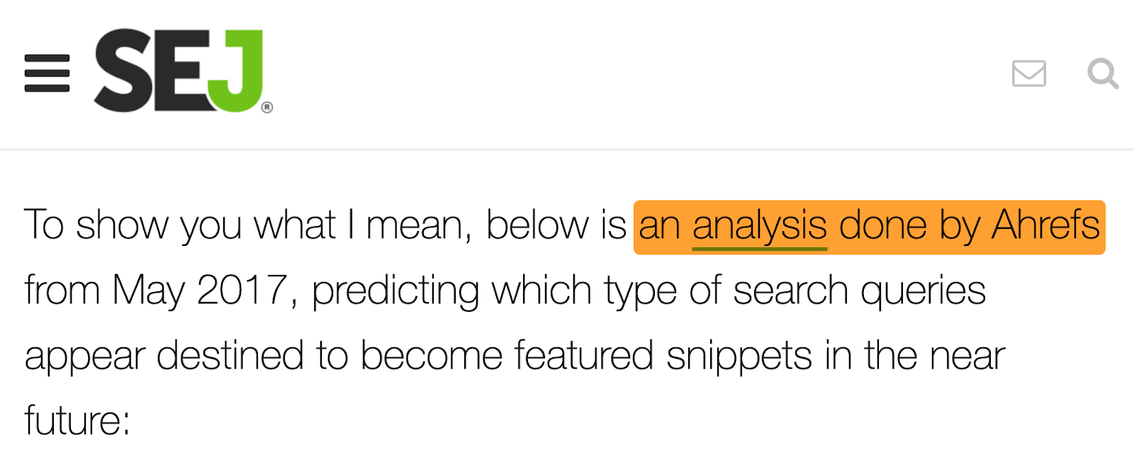 A screenshot of a Search Engine Journal article citing an "analysis done by Ahrefs," demonstrating how being referenced by other reputable sites builds authoritativeness.
