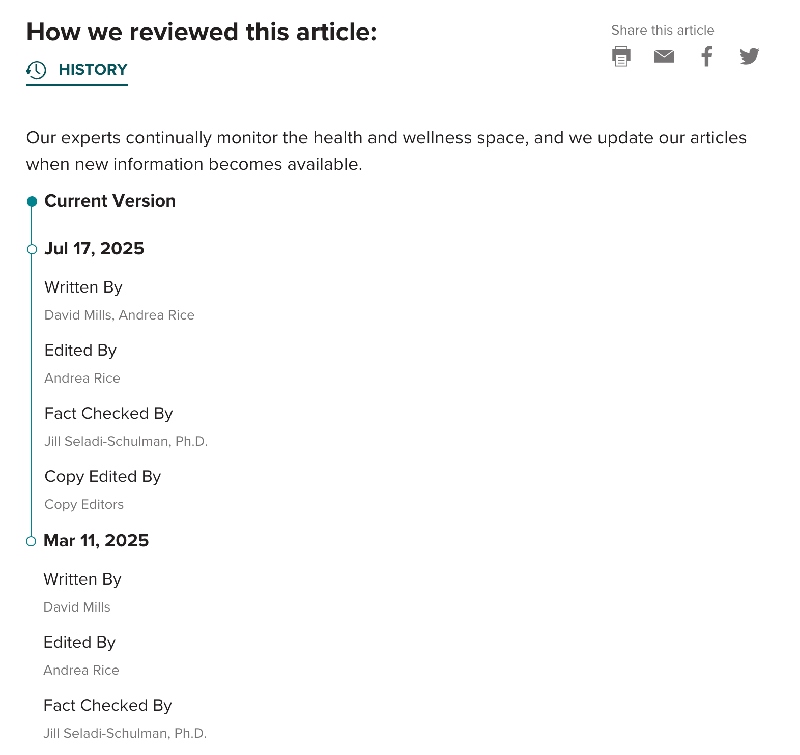 A screenshot of the revision history for a Healthline article, showing that it is regularly updated and fact-checked by experts, which builds trust and demonstrates expertise.
