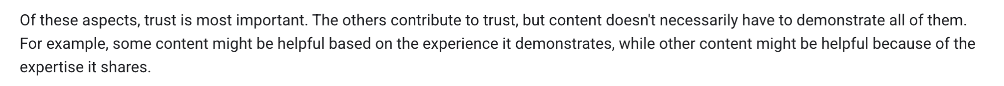 A snippet from Google's guidelines explaining that while all parts of E-E-A-T contribute to trust, trust itself is the most important element.