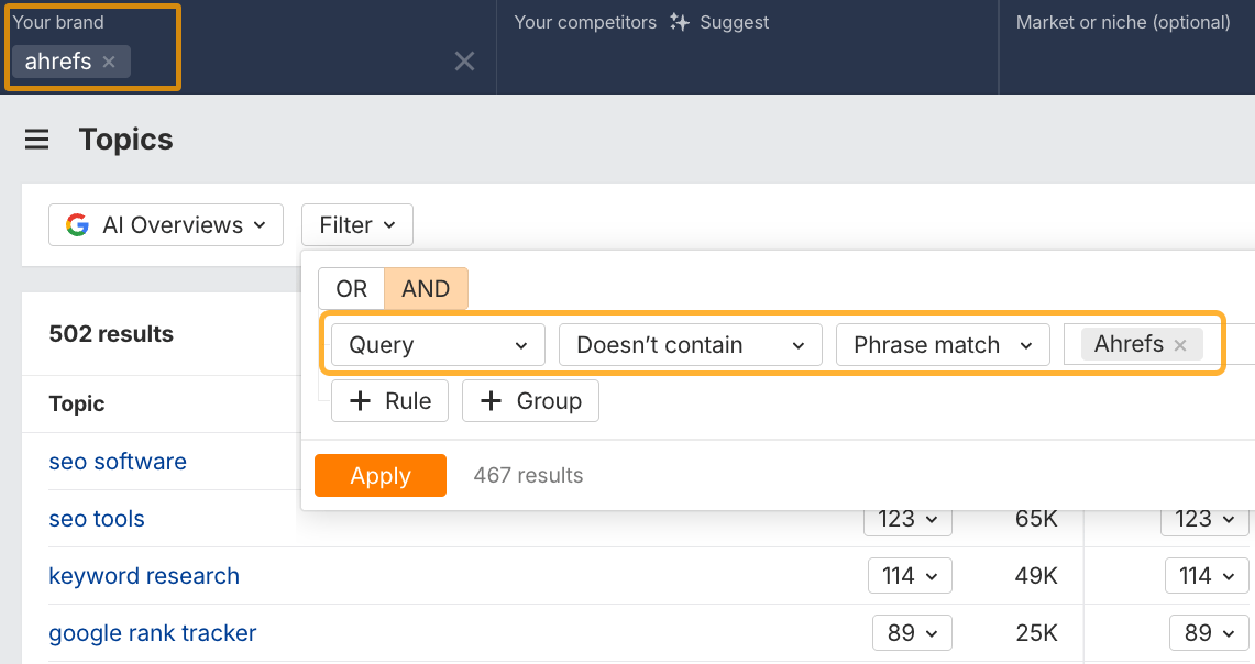 Applying filters to find unbranded queries earning visibility in AI search with Ahrefs' Brand Radar