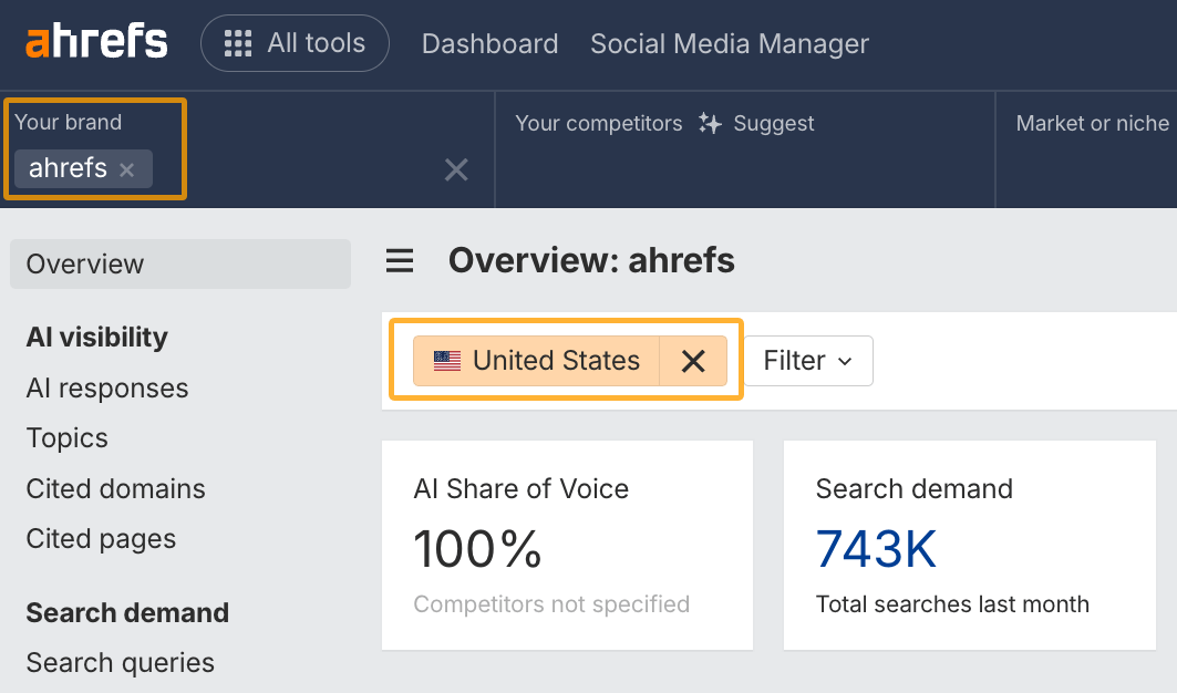 Entering a brand and country location in Ahrefs' Brand Radar