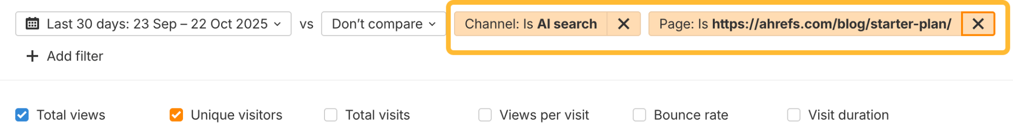 How to set up top-level filters in Web Analytics to measure conversion from AI citations to a specific page.