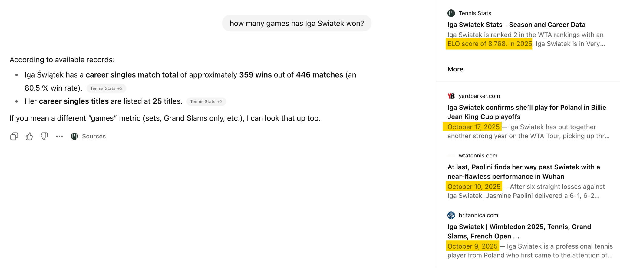 Screenshot of an AI response about a tennis player's record, where the citations are highlighted with very recent dates, demonstrating a preference for fresh information.