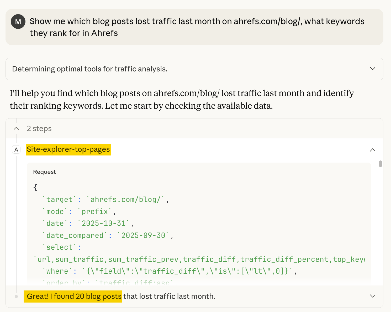 A conversation with an AI showing a query about Ahrefs blog post traffic, a code request, and result.