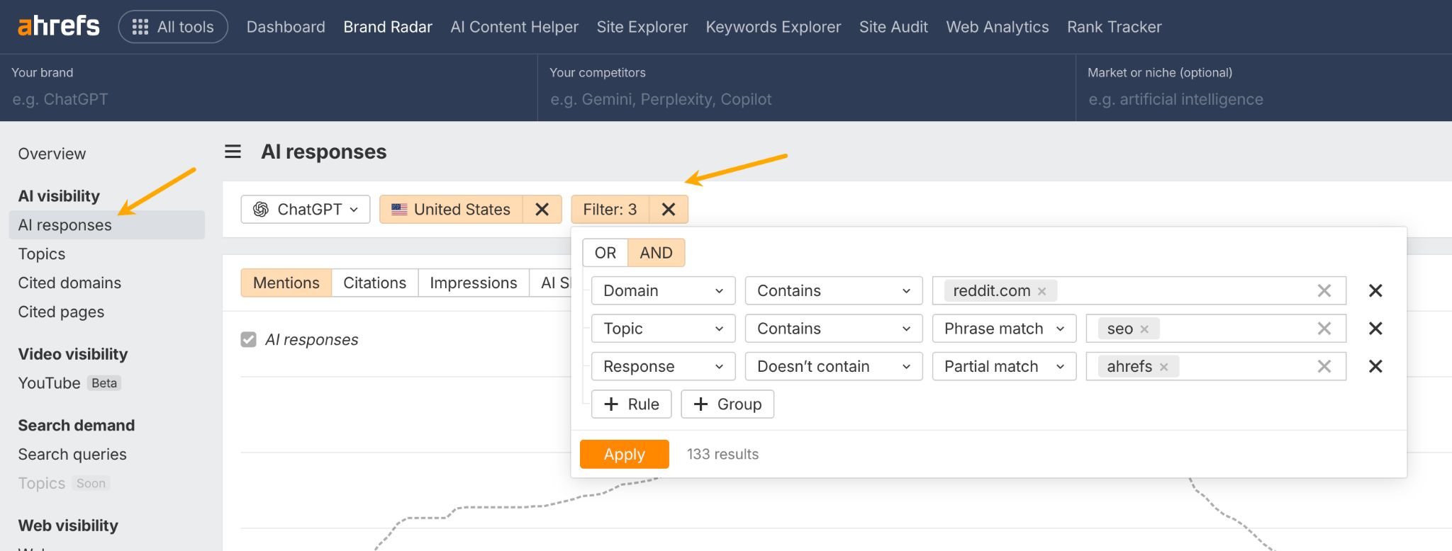 Ahrefs Brand Radar 'AI responses' report screenshot, showing how to filter for ChatGPT responses that cite the 'reddit.com' domain for the topic 'seo' but do not mention a specific brand, for finding content gaps.