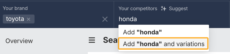 Ahrefs' Brand Radar main search bar showing how to add a brand's variations.